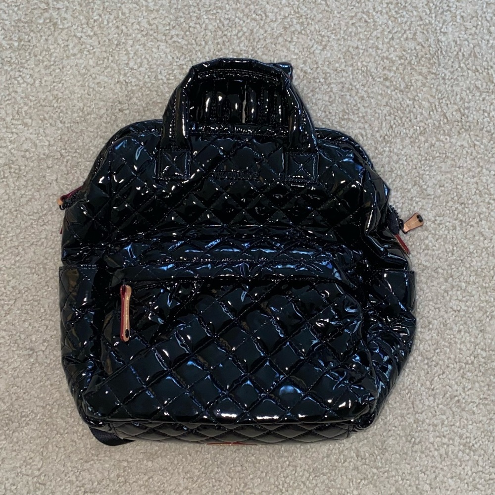 MZ Wallace black lacquer quilted small backpack bag